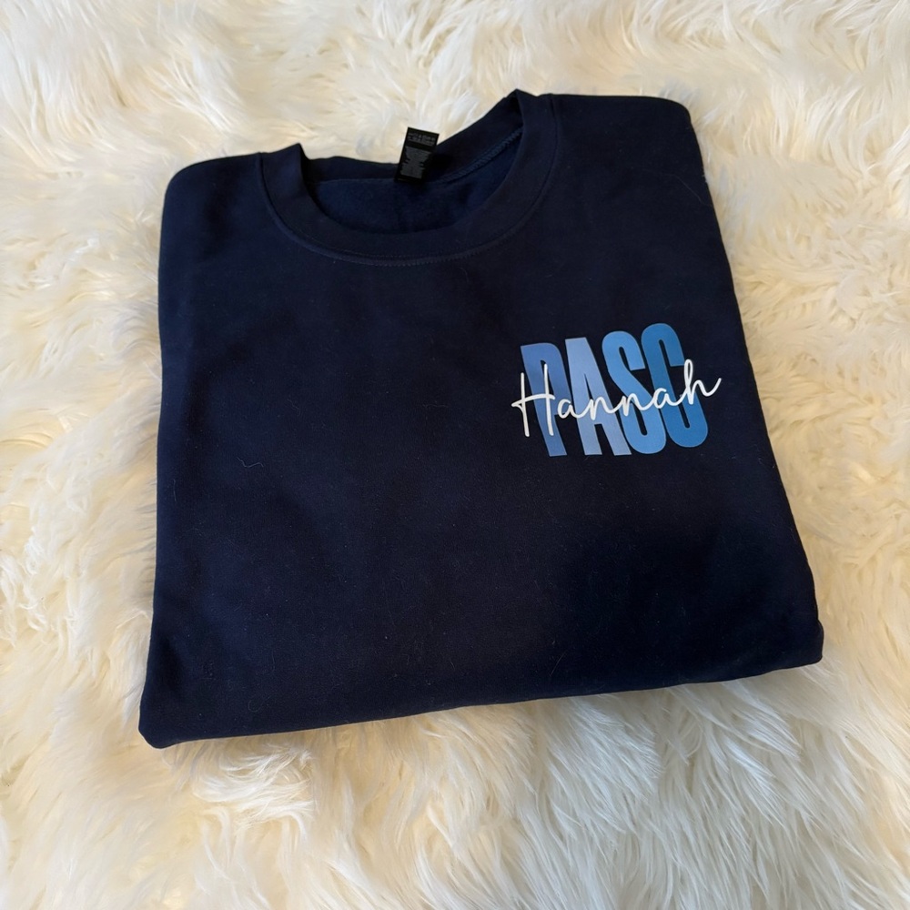 NWOT Custom Navy Crewneck Sweatshirt “ PASC Hannah”